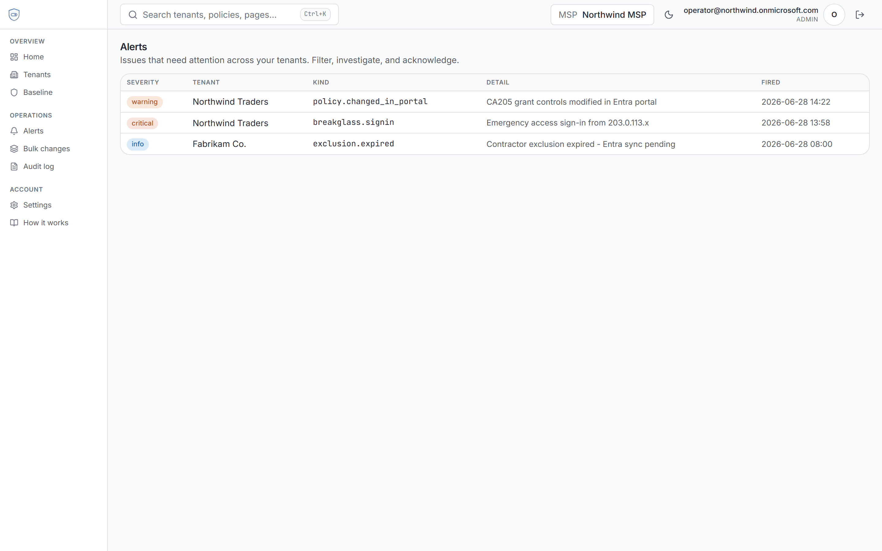 Fleet alert triage inbox with drift and break-glass notifications