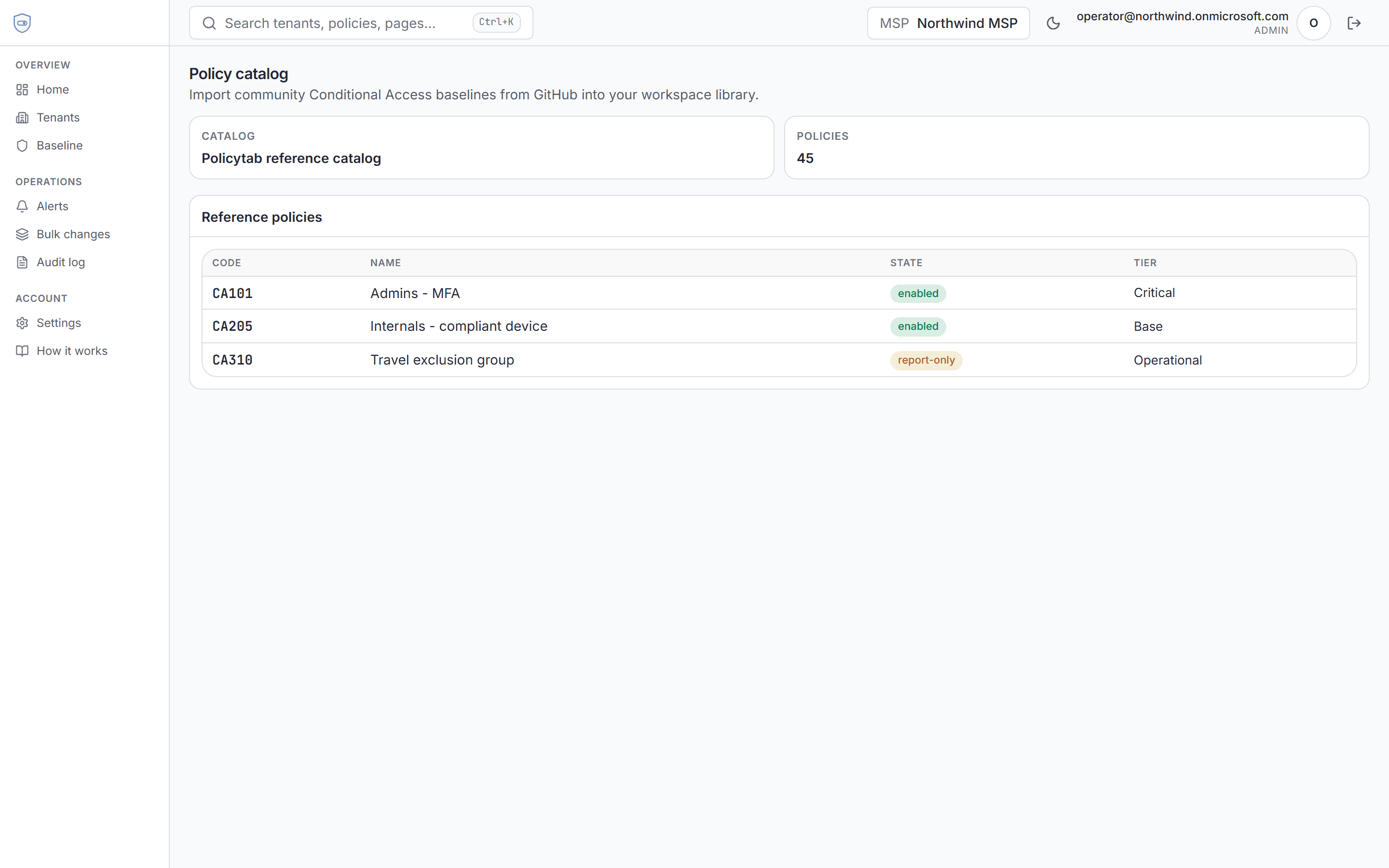 Policytab reference catalog and baseline matrix for Conditional Access