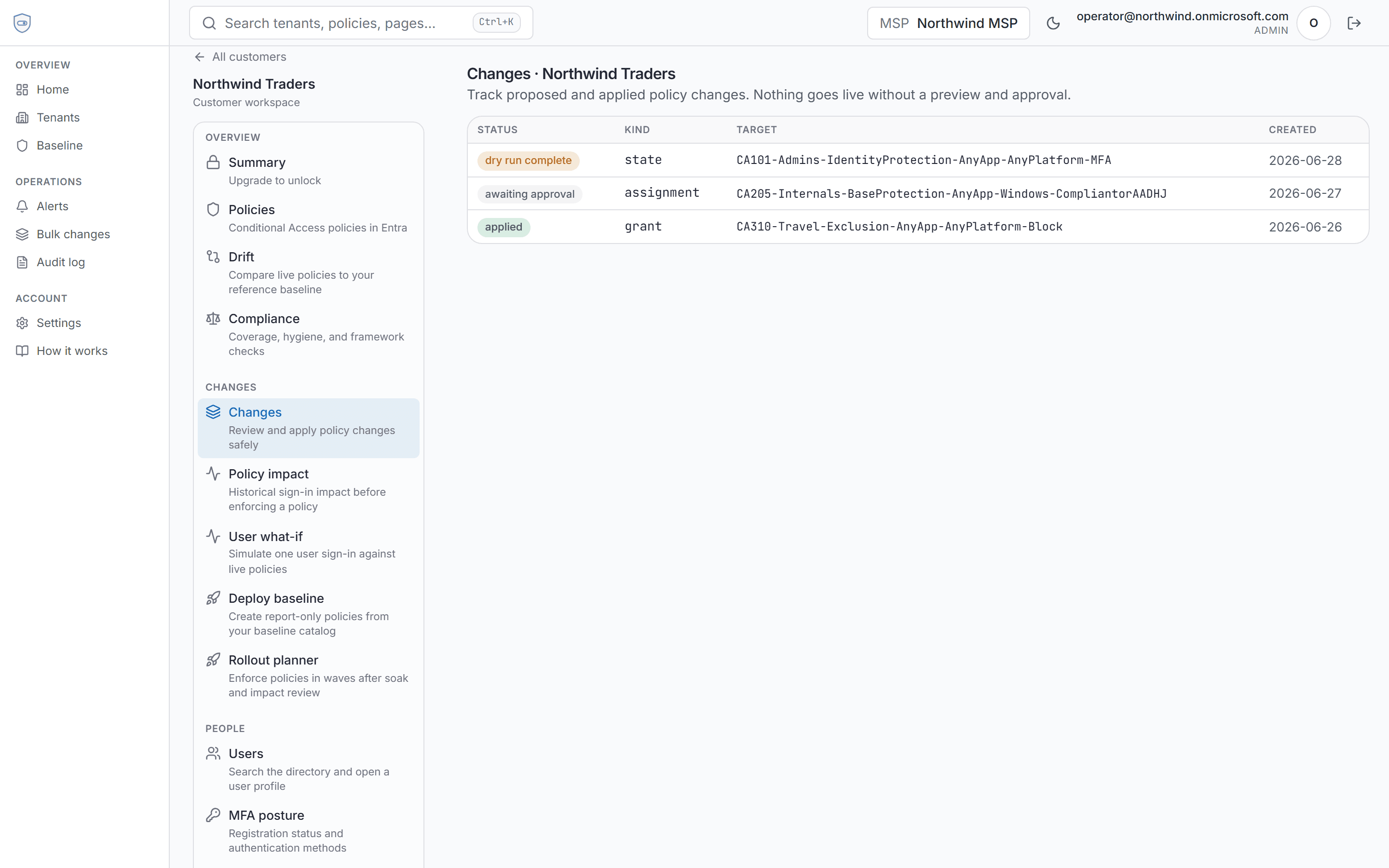 Conditional Access change request list with dry-run and approval states
