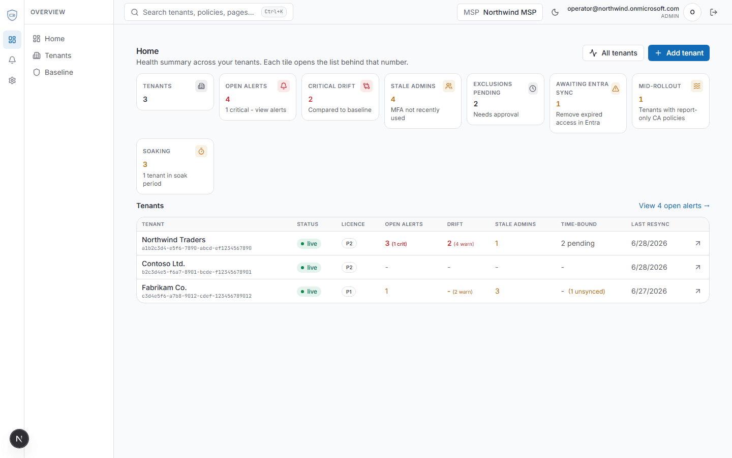 Policytab dashboard showing tenant overview, alerts, and policy drift status