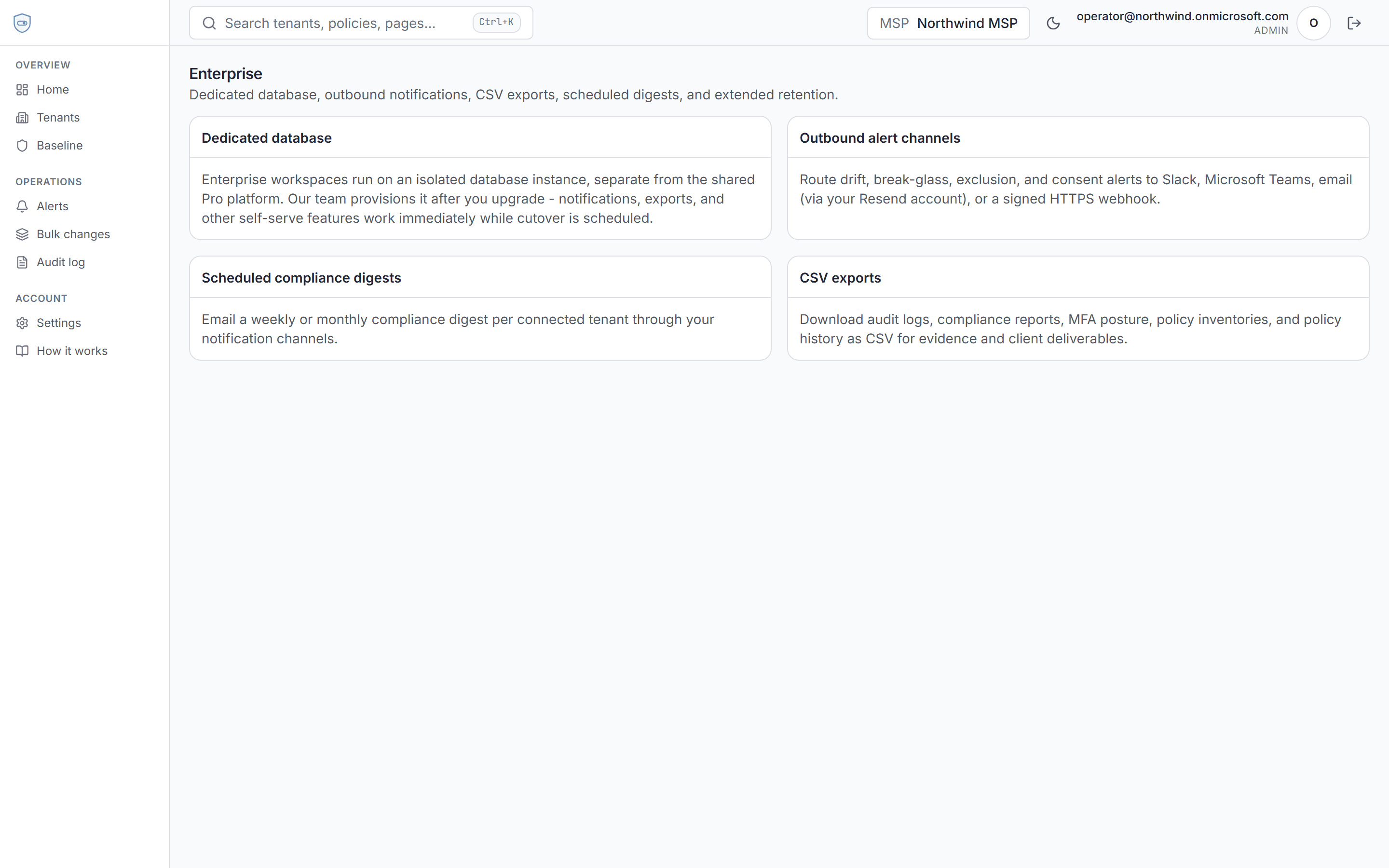 Enterprise capabilities including notifications, exports, and dedicated database